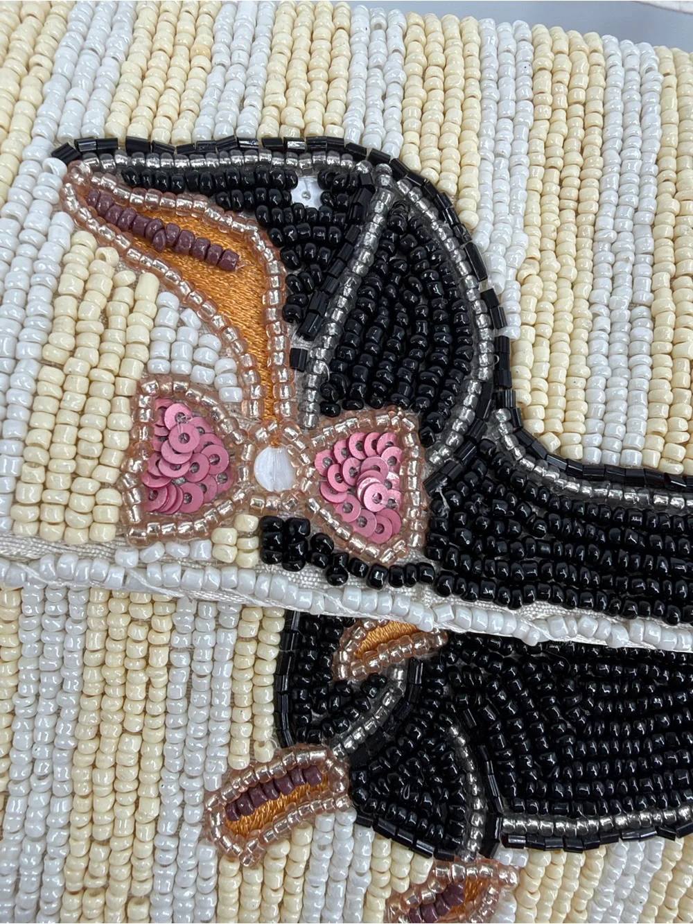Beaded Dachshund Crossbody Bag in Cream & Black